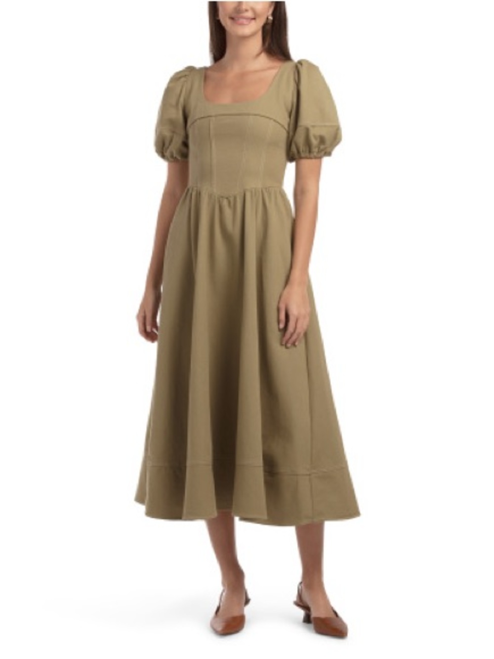 Moon River Puff Sleeve 100% Cotton Canvas Midi Dress Size M